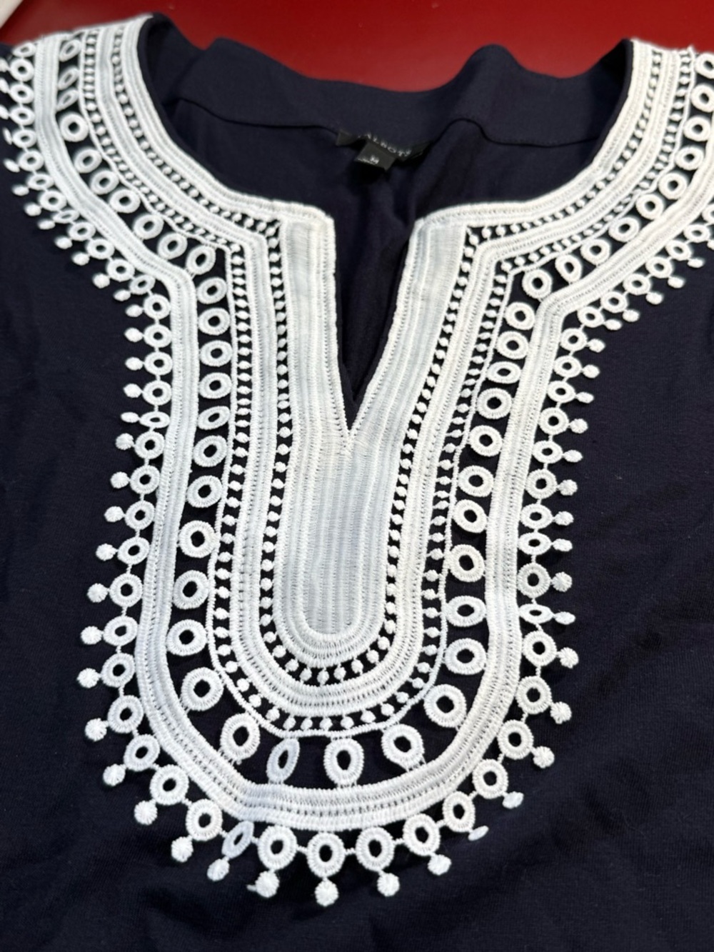 Talbots Navy Blue Top with White Embroidered Yoke